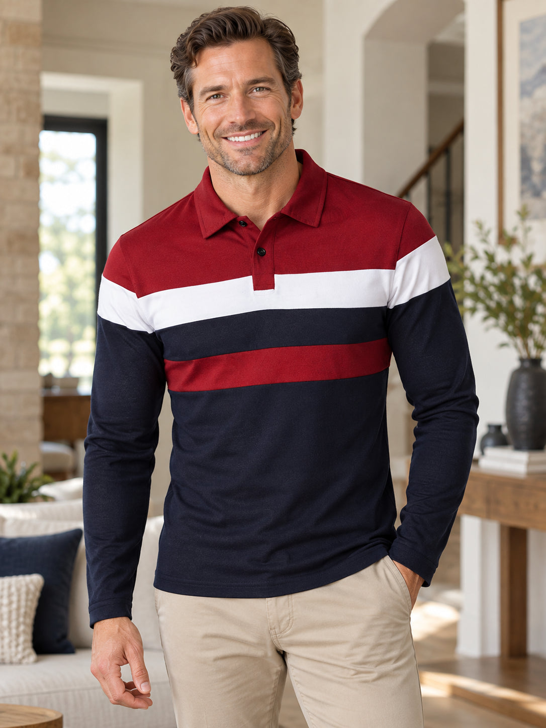 Men's Modern Color-Block Long Sleeve Polo Shirt