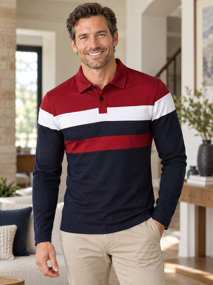 Men's Modern Color-Block Long Sleeve Polo Shirt