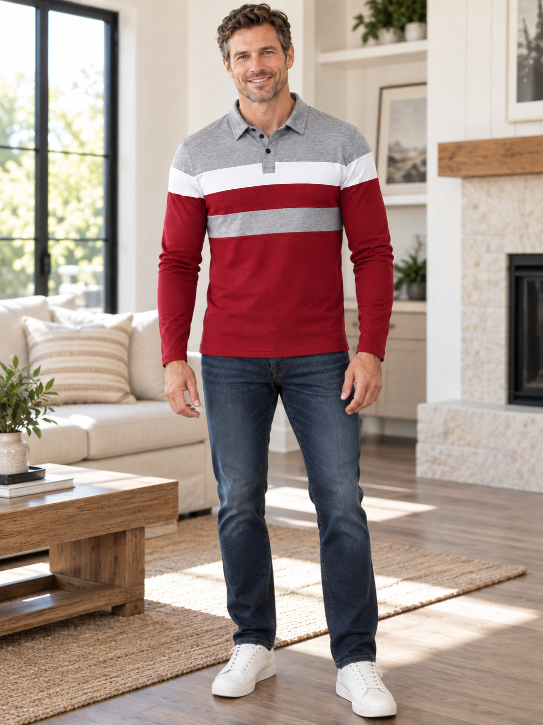 Men's Modern Color-Block Long Sleeve Polo Shirt