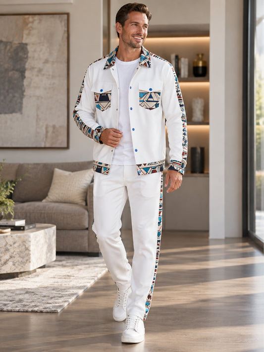 Men's Casual Geometric Trim Jacket & Pants Set
