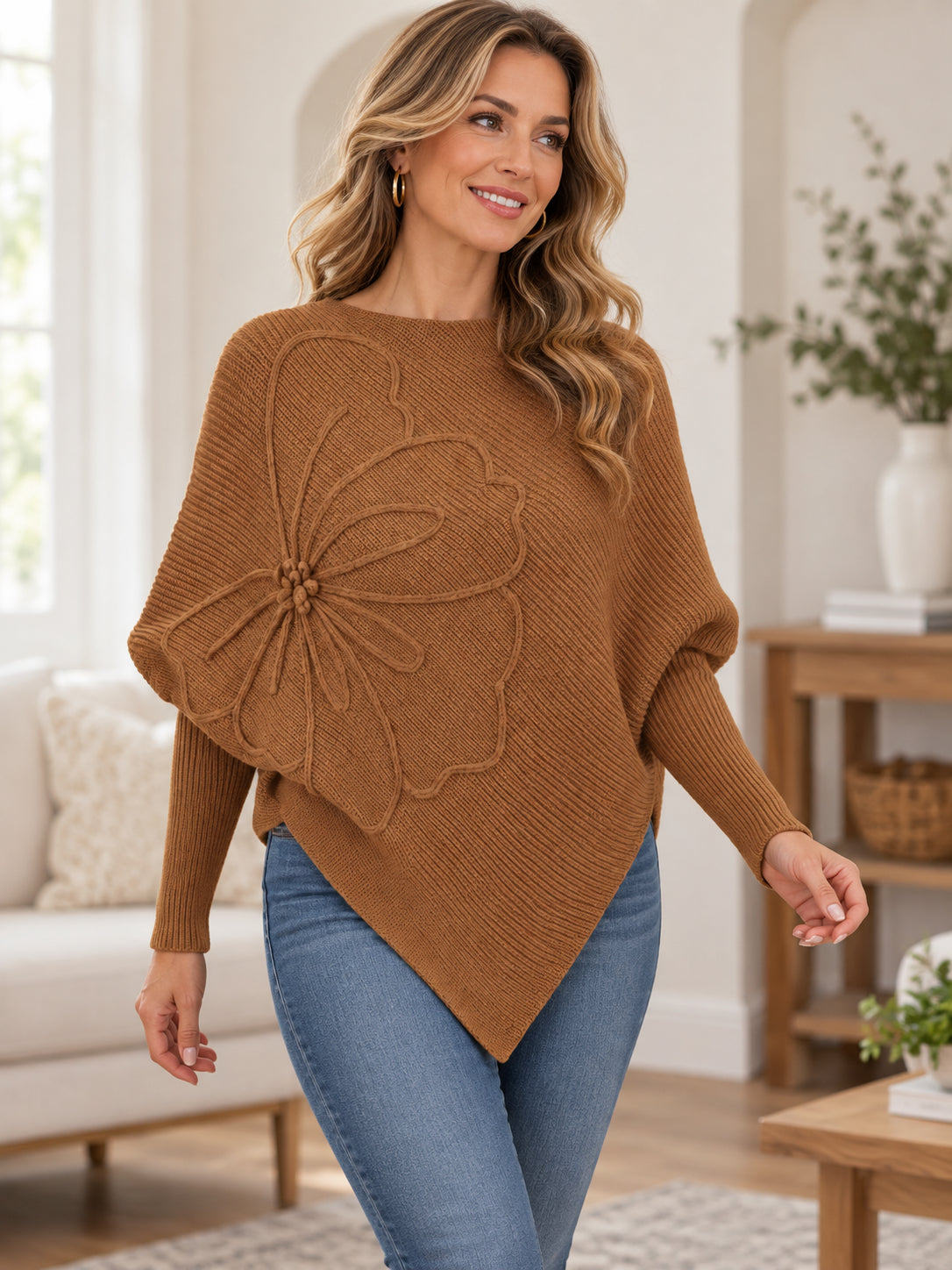 Women's Elegant 3D Floral Asymmetrical Batwing Sweater
