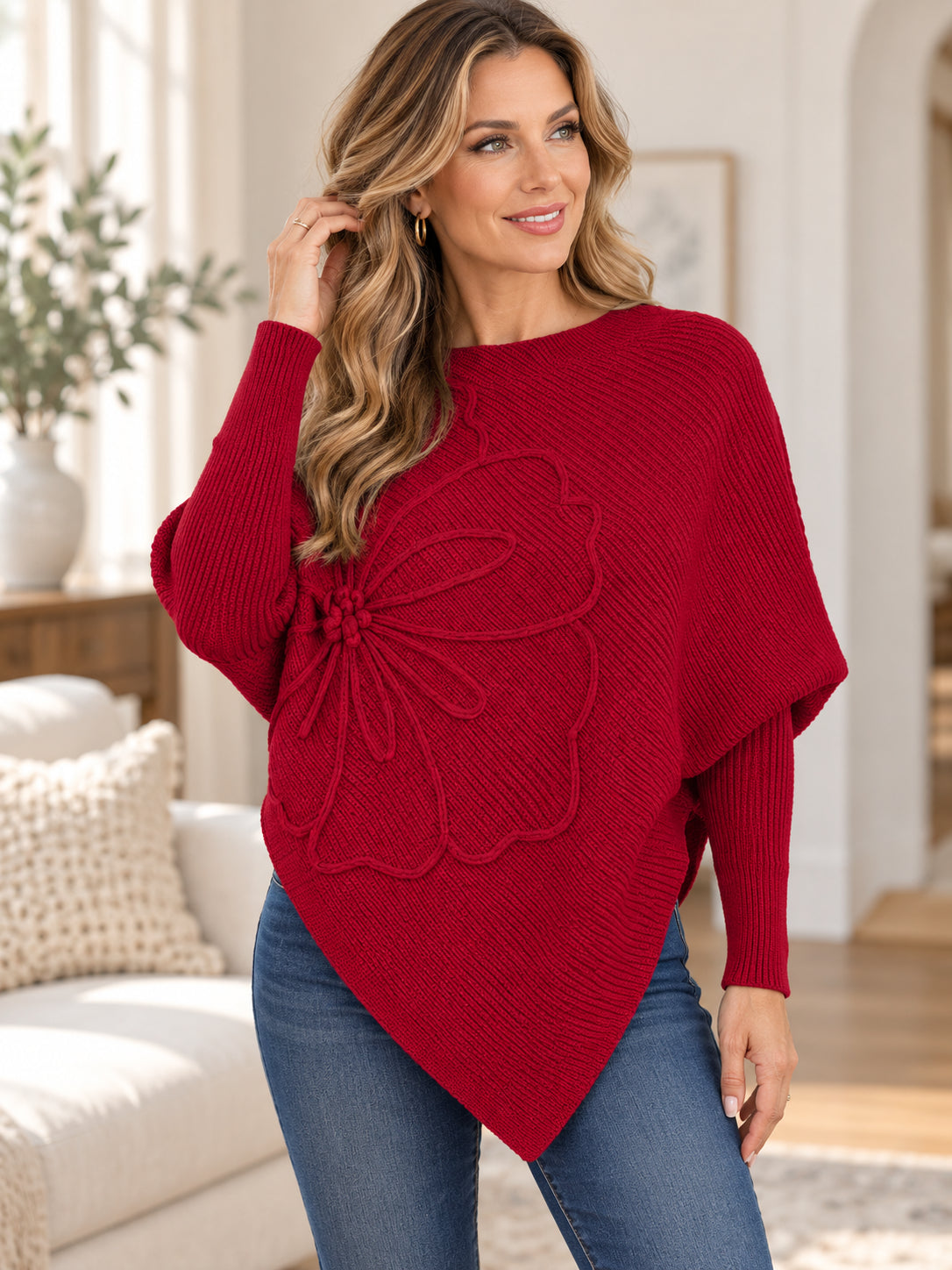 Women's Elegant 3D Floral Asymmetrical Batwing Sweater