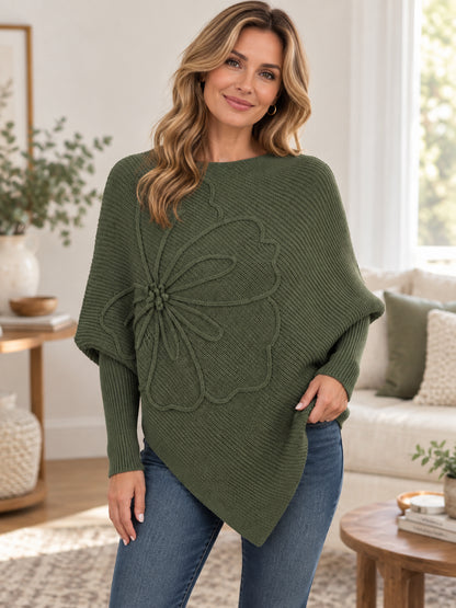 Women's Elegant 3D Floral Asymmetrical Batwing Sweater