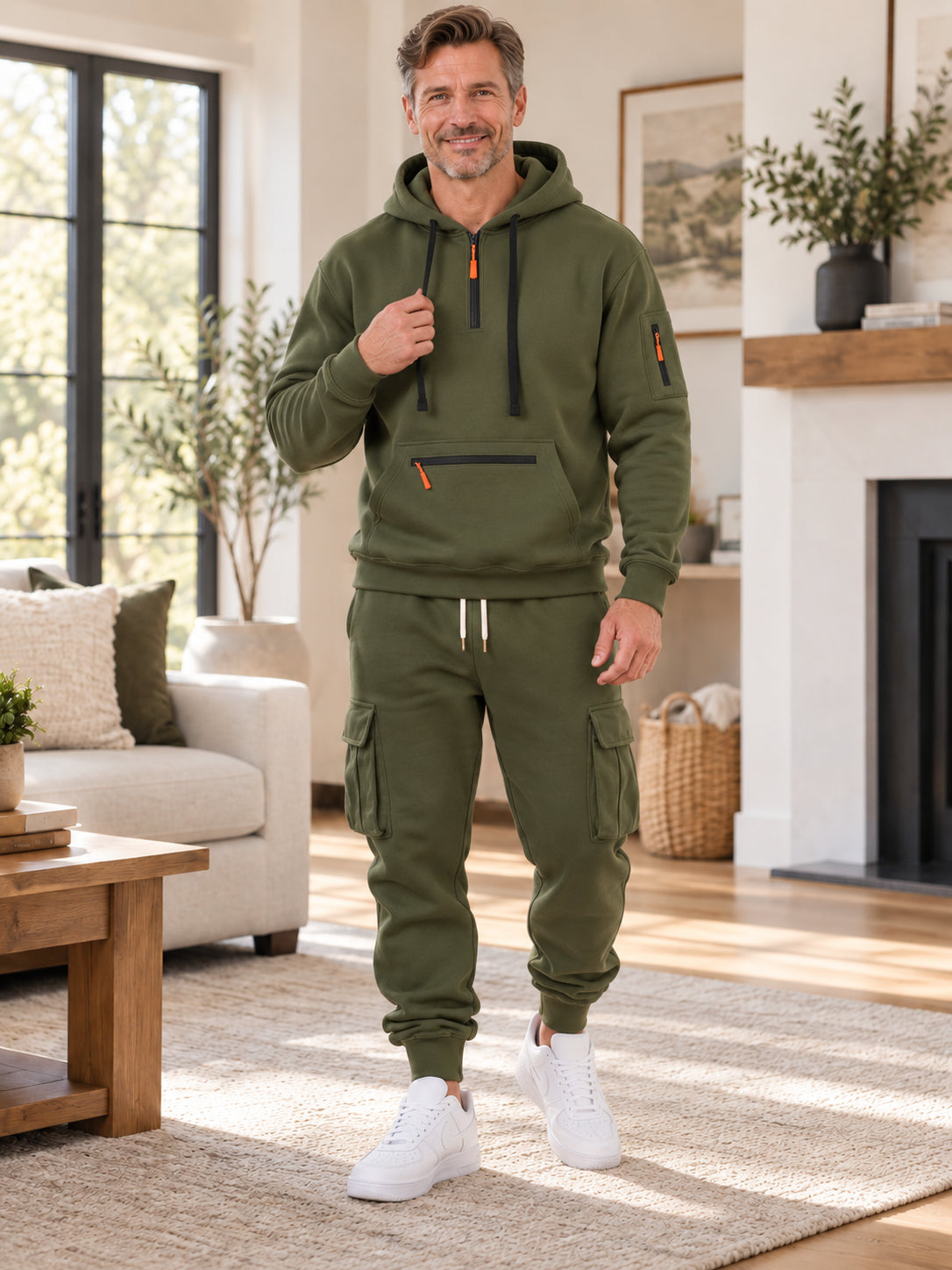 Men's Half-Zip Fleece Hoodie & Cargo Pants Set