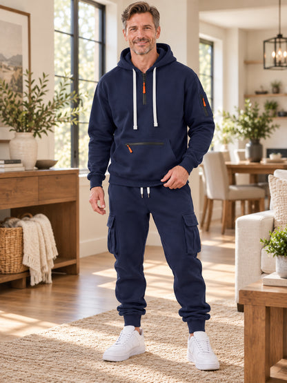 Men's Half-Zip Fleece Hoodie & Cargo Pants Set