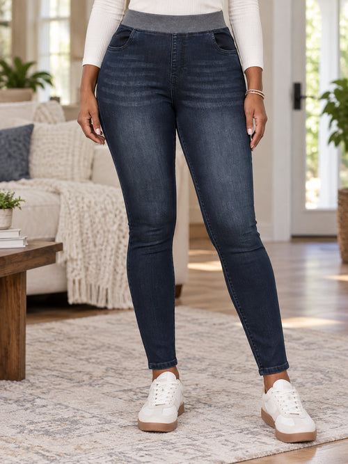 Women's High-Waisted Knit Waistband Denim Jeggings