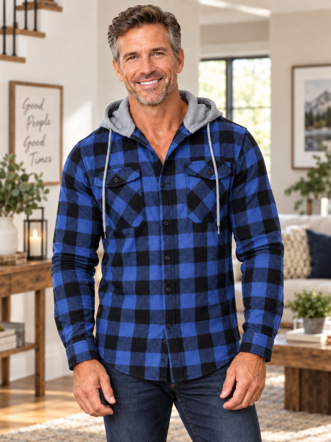 Men's Hooded Plaid Shirt Jacket
