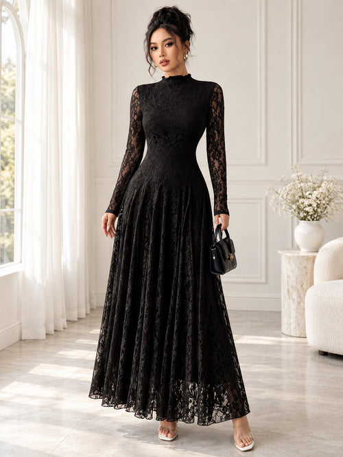 Women’s Elegant Floral Lace Long Sleeve Maxi Dress