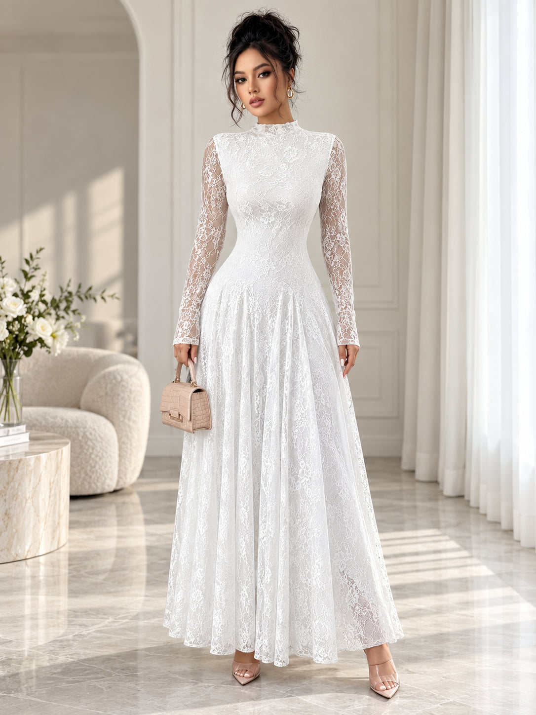 Women’s Elegant Floral Lace Long Sleeve Maxi Dress