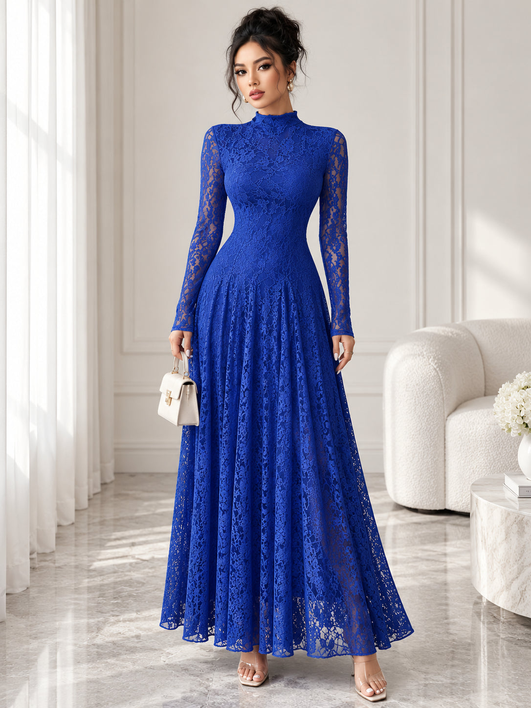 Women’s Elegant Floral Lace Long Sleeve Maxi Dress