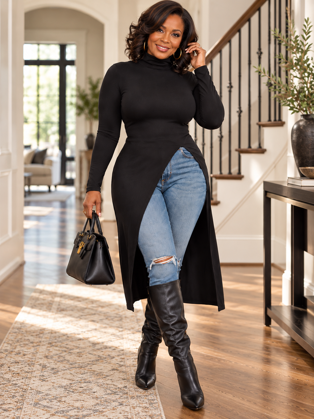 Women’s Elegant Asymmetric Turtleneck Long Tunic Top