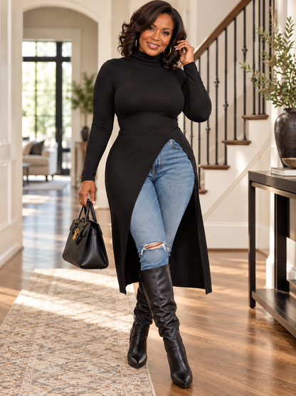 Women’s Elegant Asymmetric Turtleneck Long Tunic Top