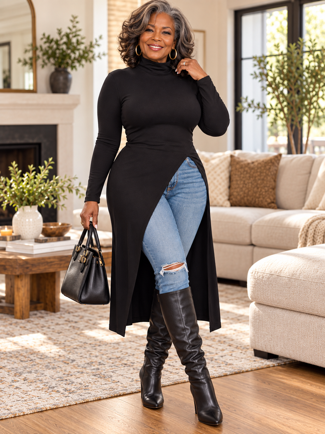 Women’s Elegant Asymmetric Turtleneck Long Tunic Top