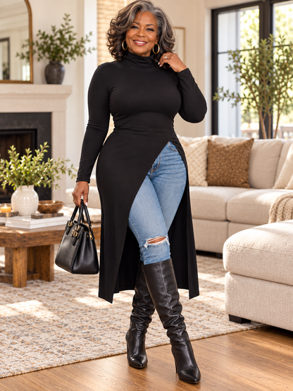 Women’s Elegant Asymmetric Turtleneck Long Tunic Top