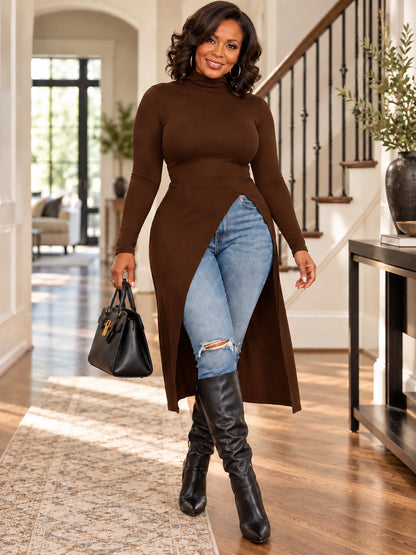 Women’s Elegant Asymmetric Turtleneck Long Tunic Top