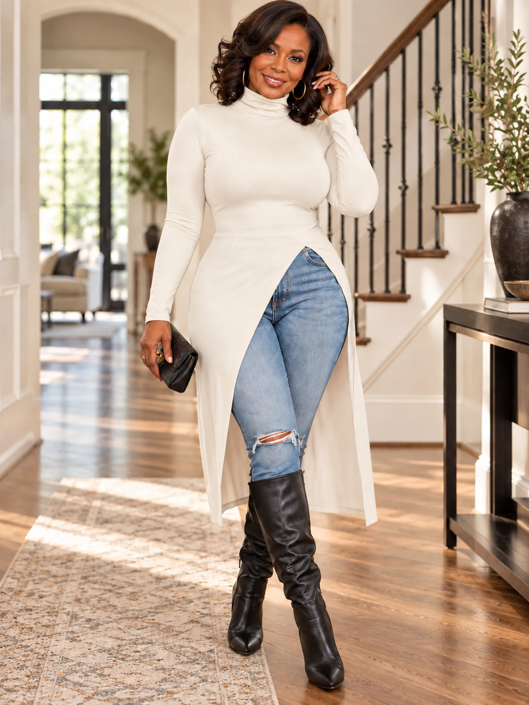 Women’s Elegant Asymmetric Turtleneck Long Tunic Top