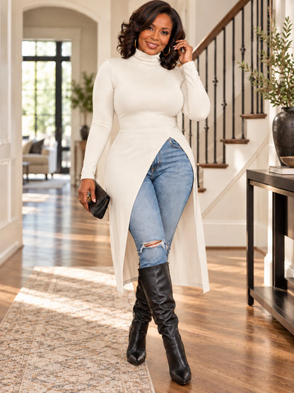 Women’s Elegant Asymmetric Turtleneck Long Tunic Top