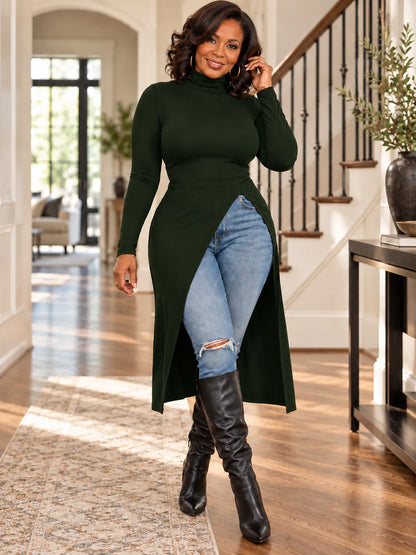 Women’s Elegant Asymmetric Turtleneck Long Tunic Top