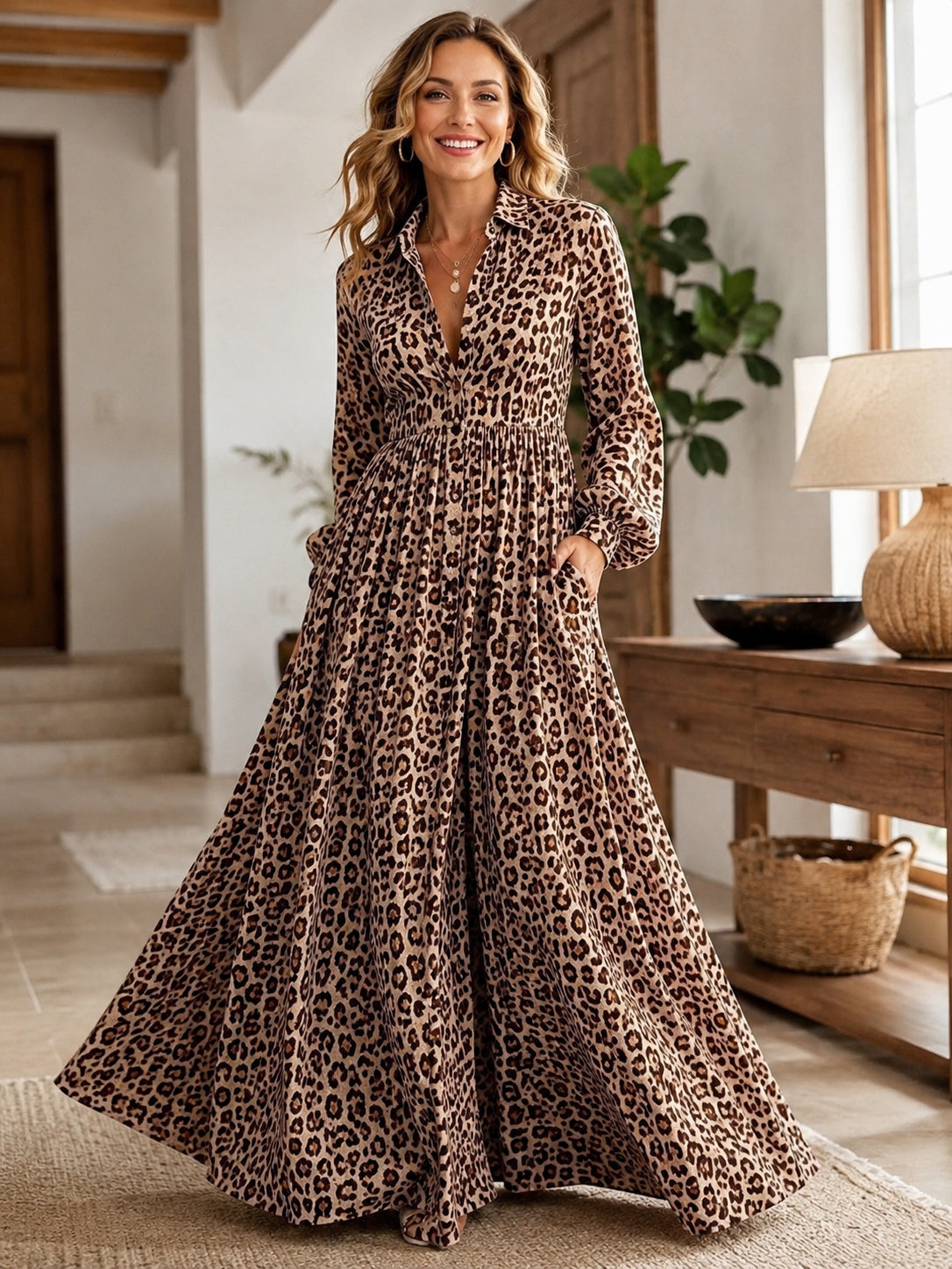 Women's Empire Pleated Leopard Print Shirt Dress