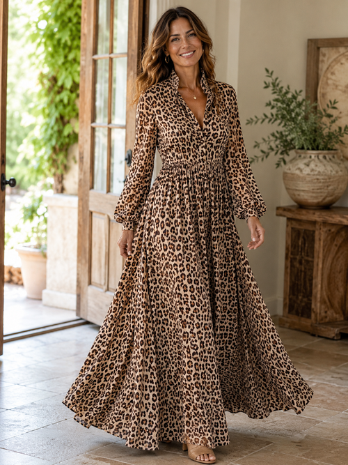 Women's Empire Pleated Leopard Print Shirt Dress