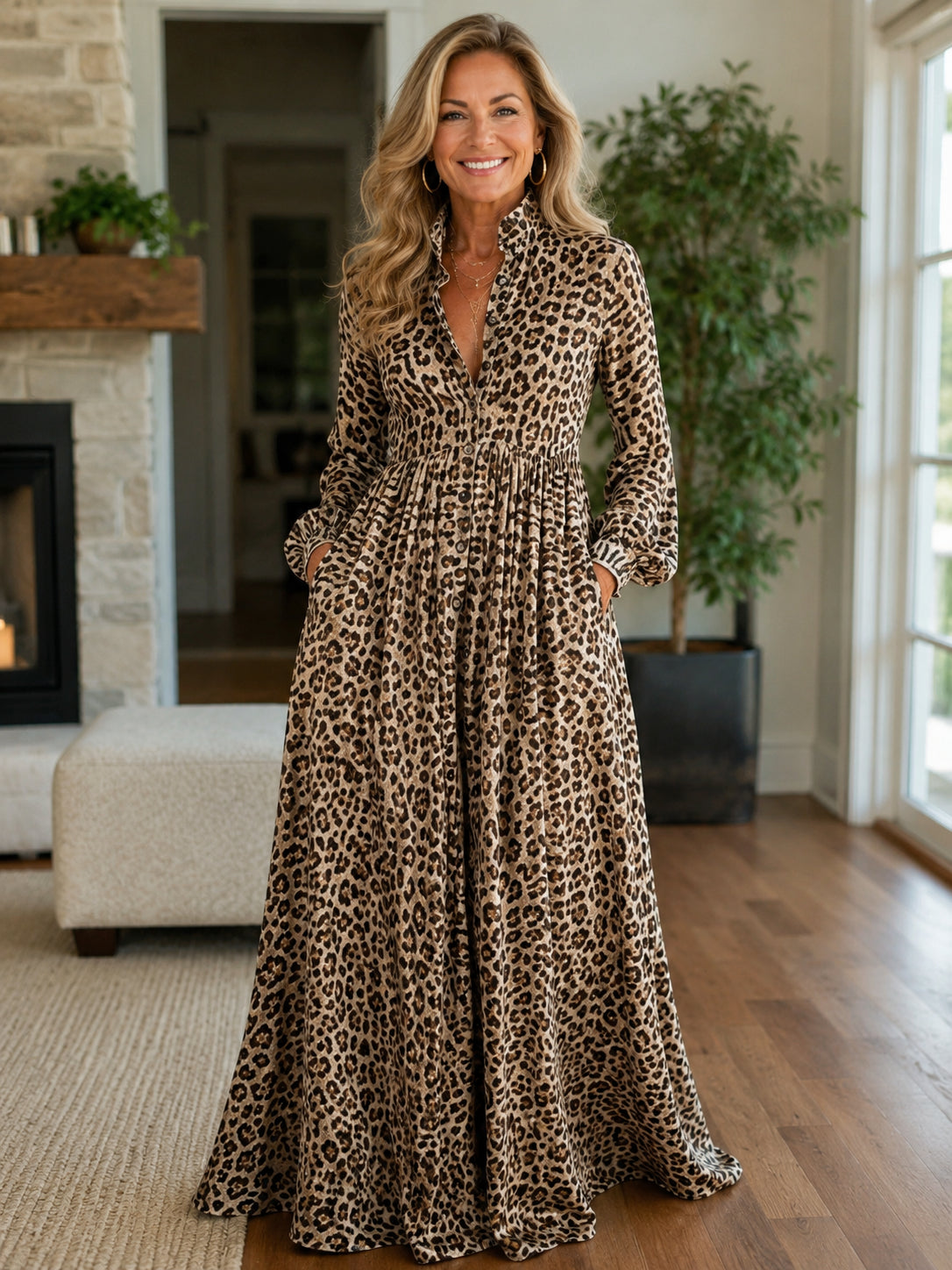 Women's Empire Pleated Leopard Print Shirt Dress