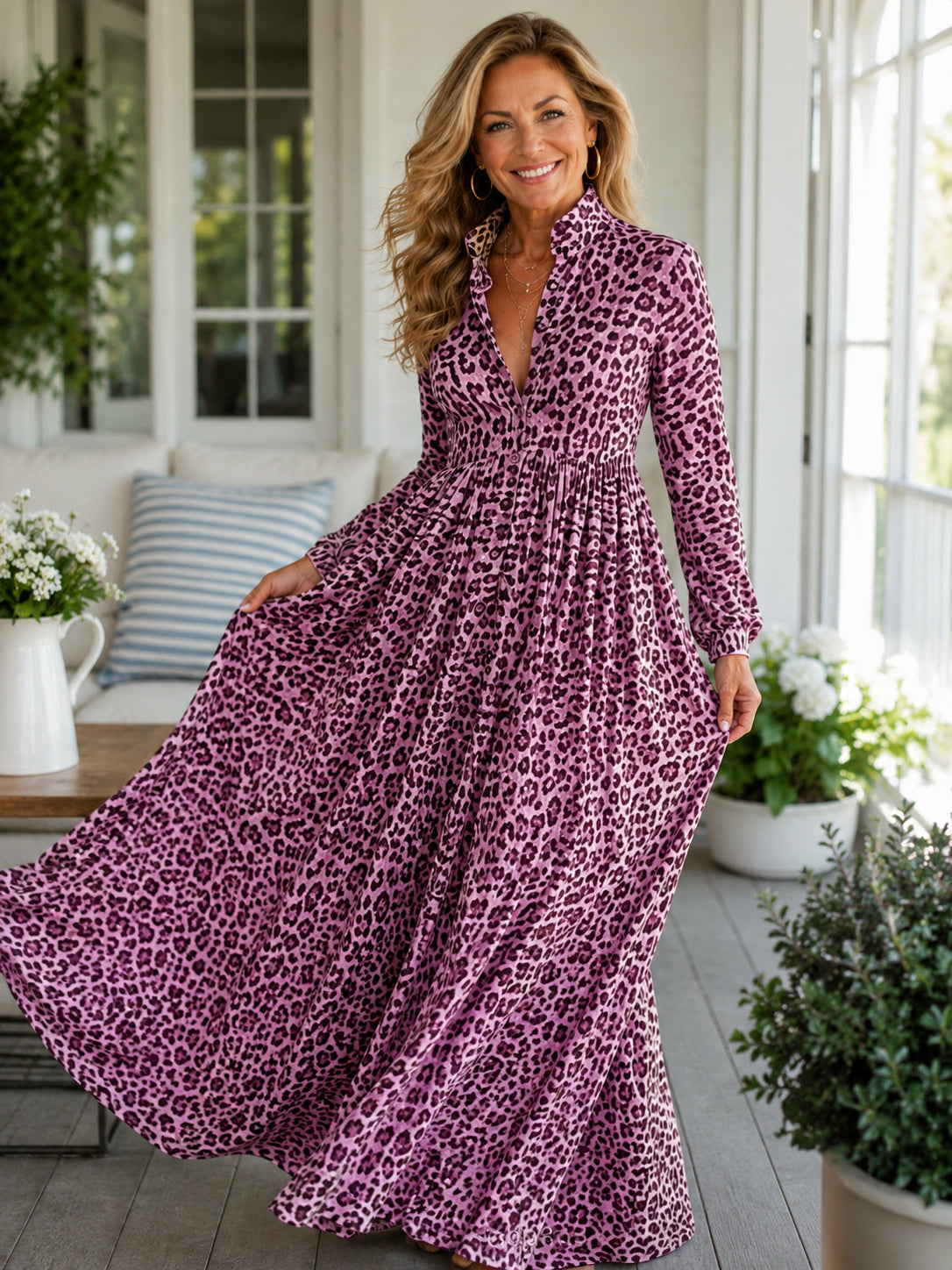 Women's Empire Pleated Leopard Print Shirt Dress