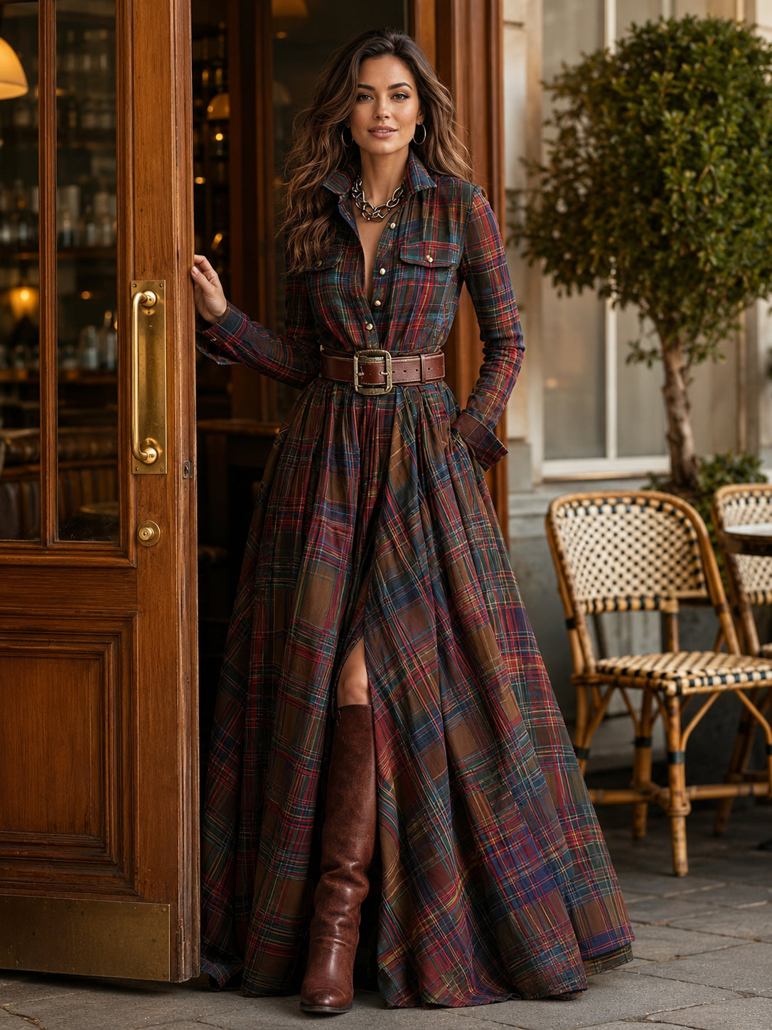 Women’s Plaid Belted Maxi Shirt Dress