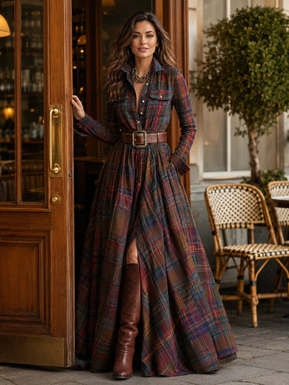 Women’s Plaid Belted Maxi Shirt Dress