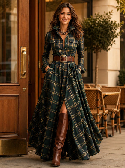 Women’s Plaid Belted Maxi Shirt Dress