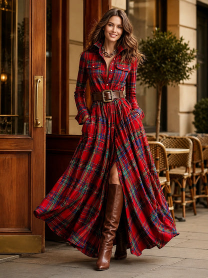 Women’s Plaid Belted Maxi Shirt Dress