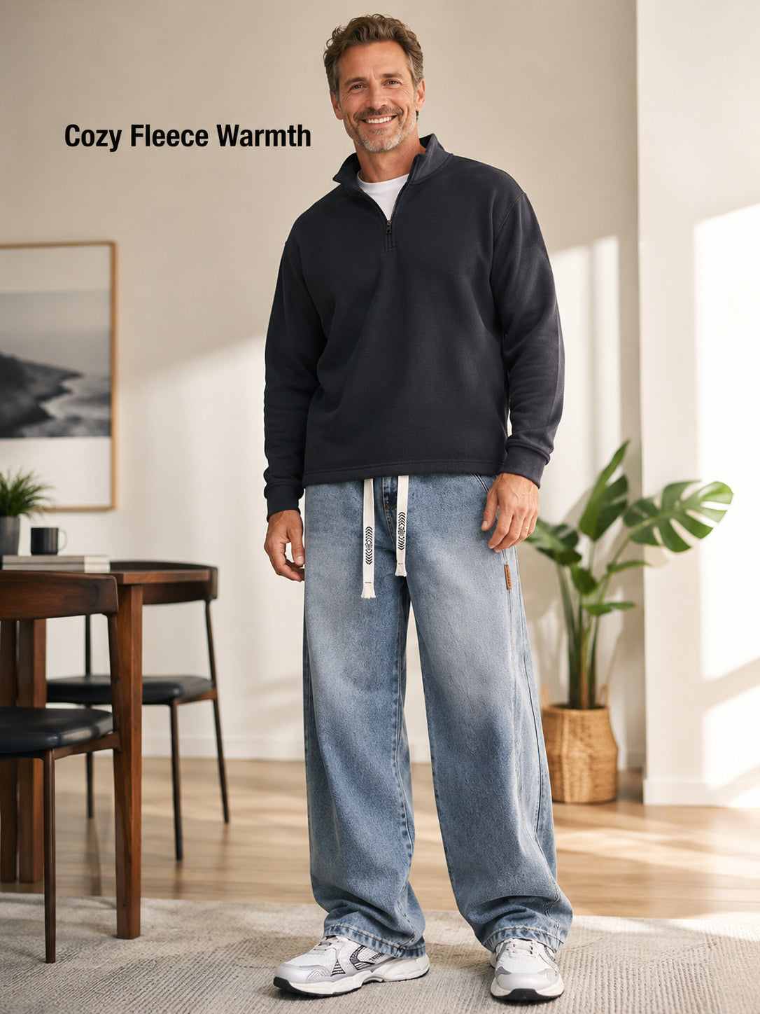 Men's Drawstring Wide-Leg Baggy Denim Jeans