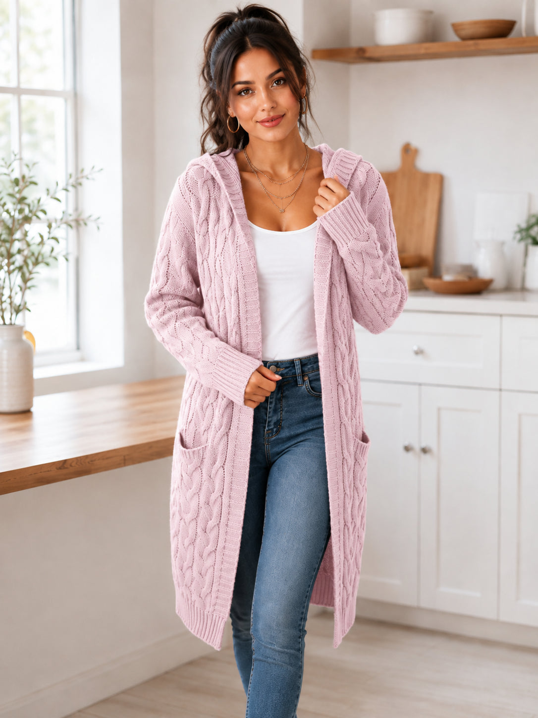 Women’s Long Hooded Cable-Knit Cardigan