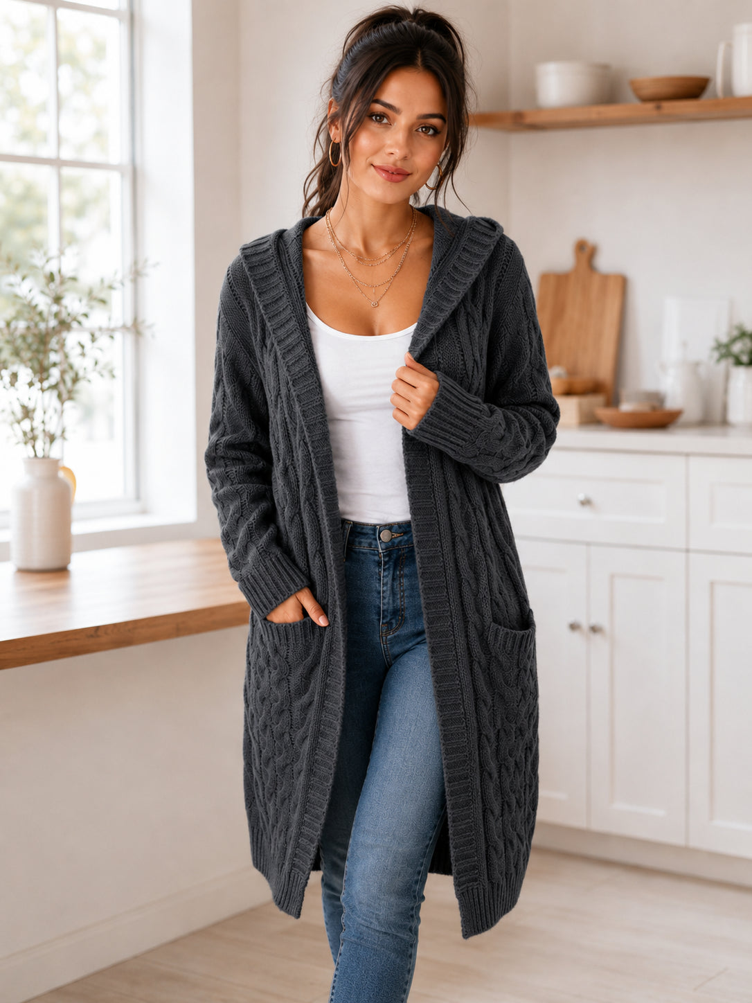 Women’s Long Hooded Cable-Knit Cardigan