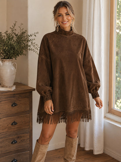 Women's Vintage Suede Fringe Turtleneck Mini Dress
