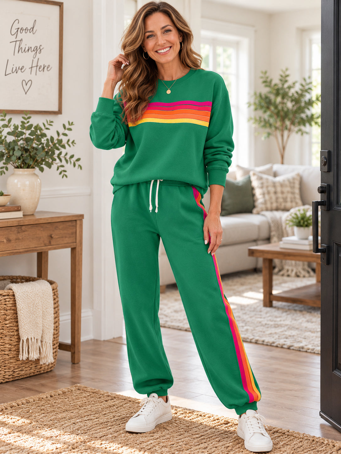 Women's Retro Rainbow Striped Two-Piece Set