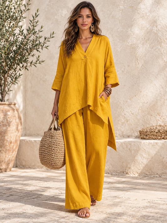 Women’s Linen V-Neck Pants Set