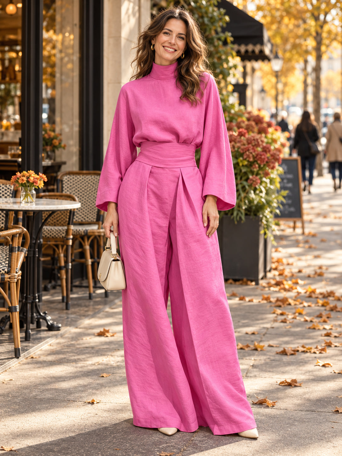 Women’s High-Nec Top & Wide-Leg Pants 2-Piece Set