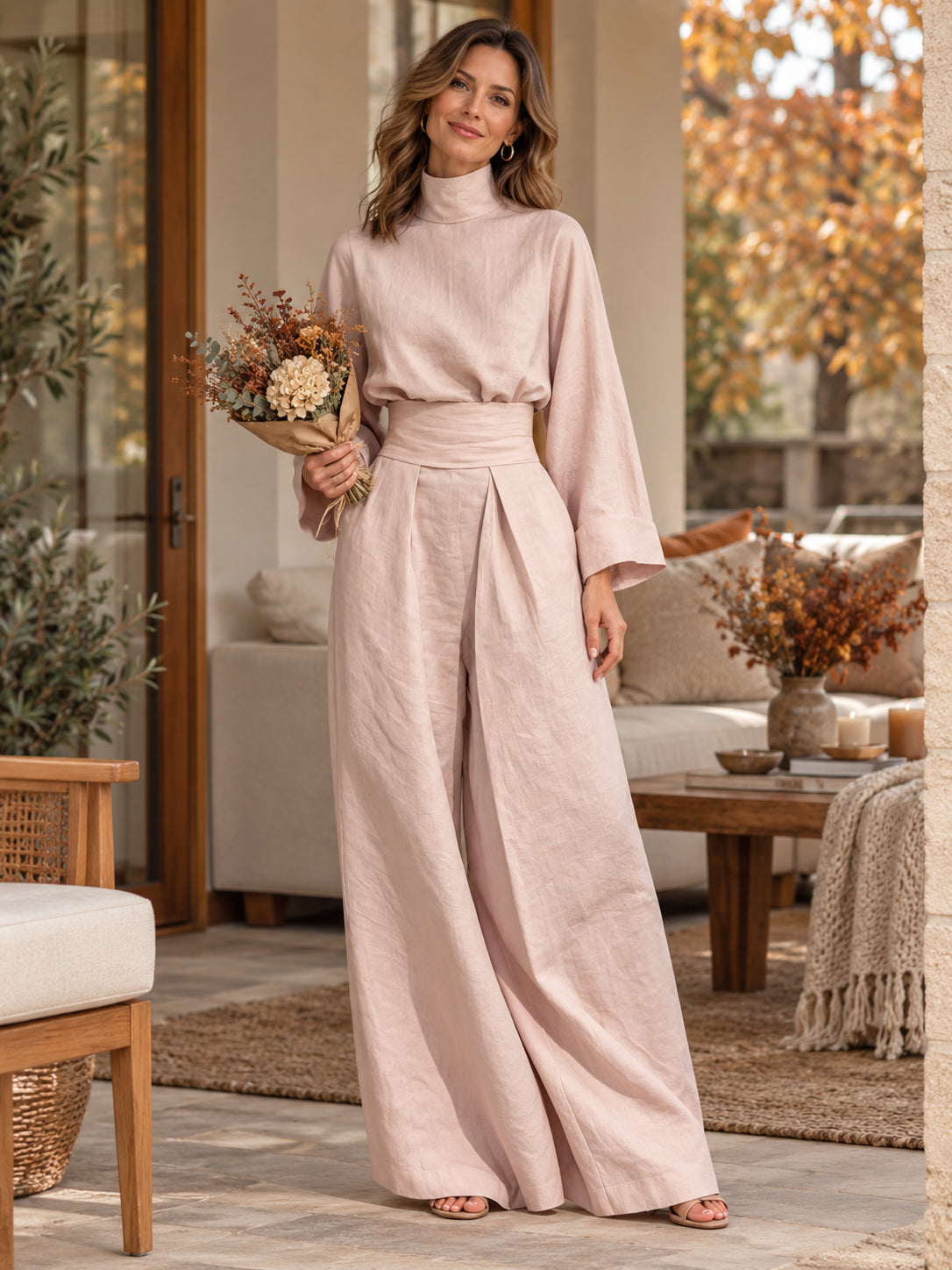 Women’s High-Nec Top & Wide-Leg Pants 2-Piece Set
