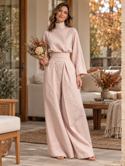 Women’s High-Nec Top & Wide-Leg Pants 2-Piece Set