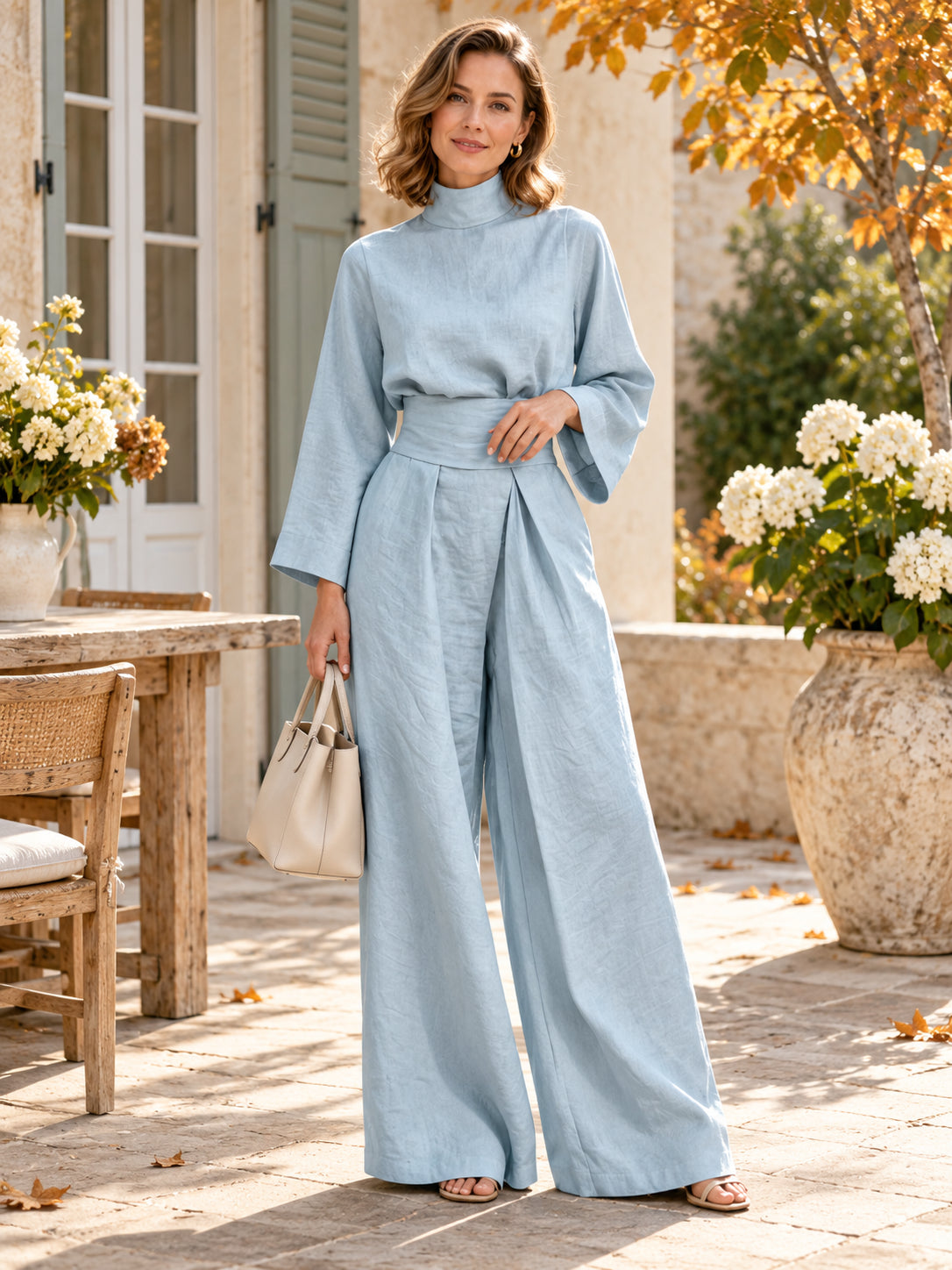 Women’s High-Nec Top & Wide-Leg Pants 2-Piece Set