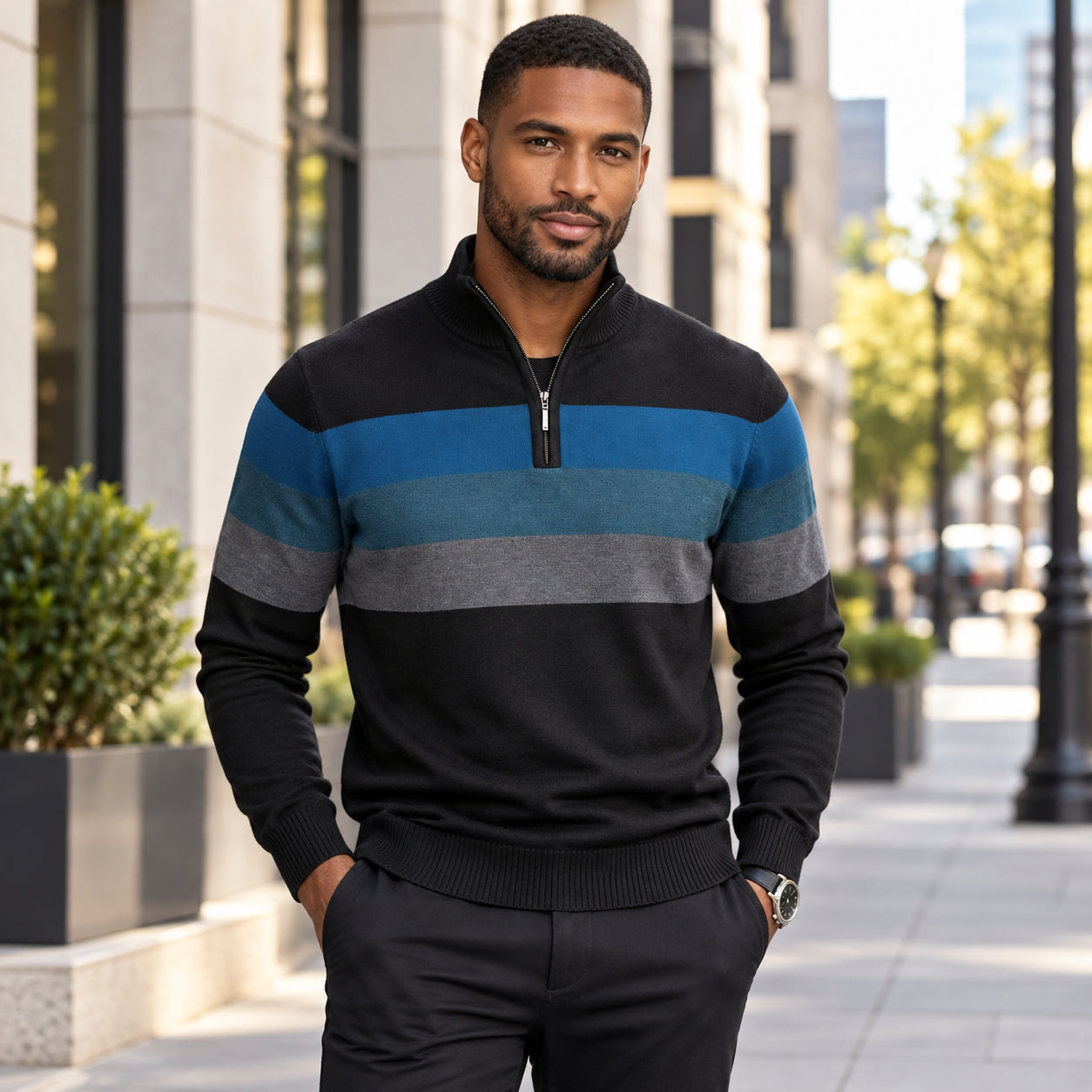 Men’s Classic Quarter-Zip Colorblock Knit Sweater
