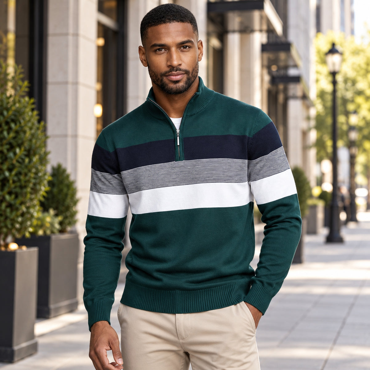 Men’s Classic Quarter-Zip Colorblock Knit Sweater