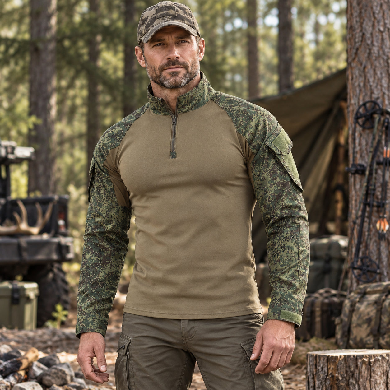 Men’s Rugged Camo Half-Zip Outdoor Long-Sleeve Top