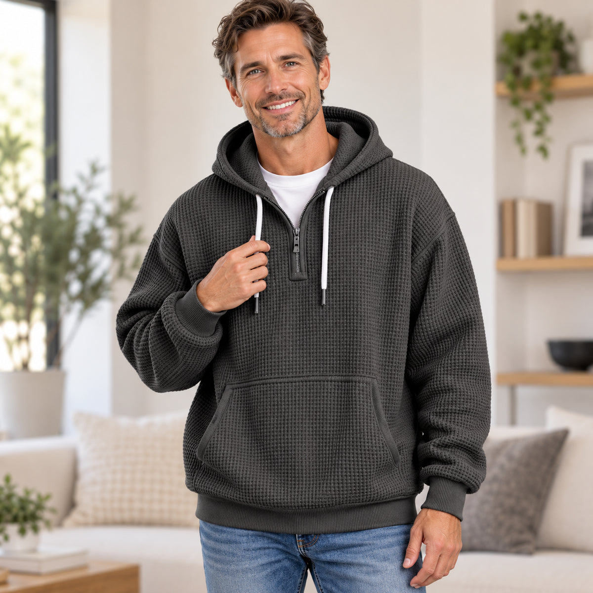 Men’s Oversized Waffle-Knit Half-Zip Hoodie with Kangaroo Pocket