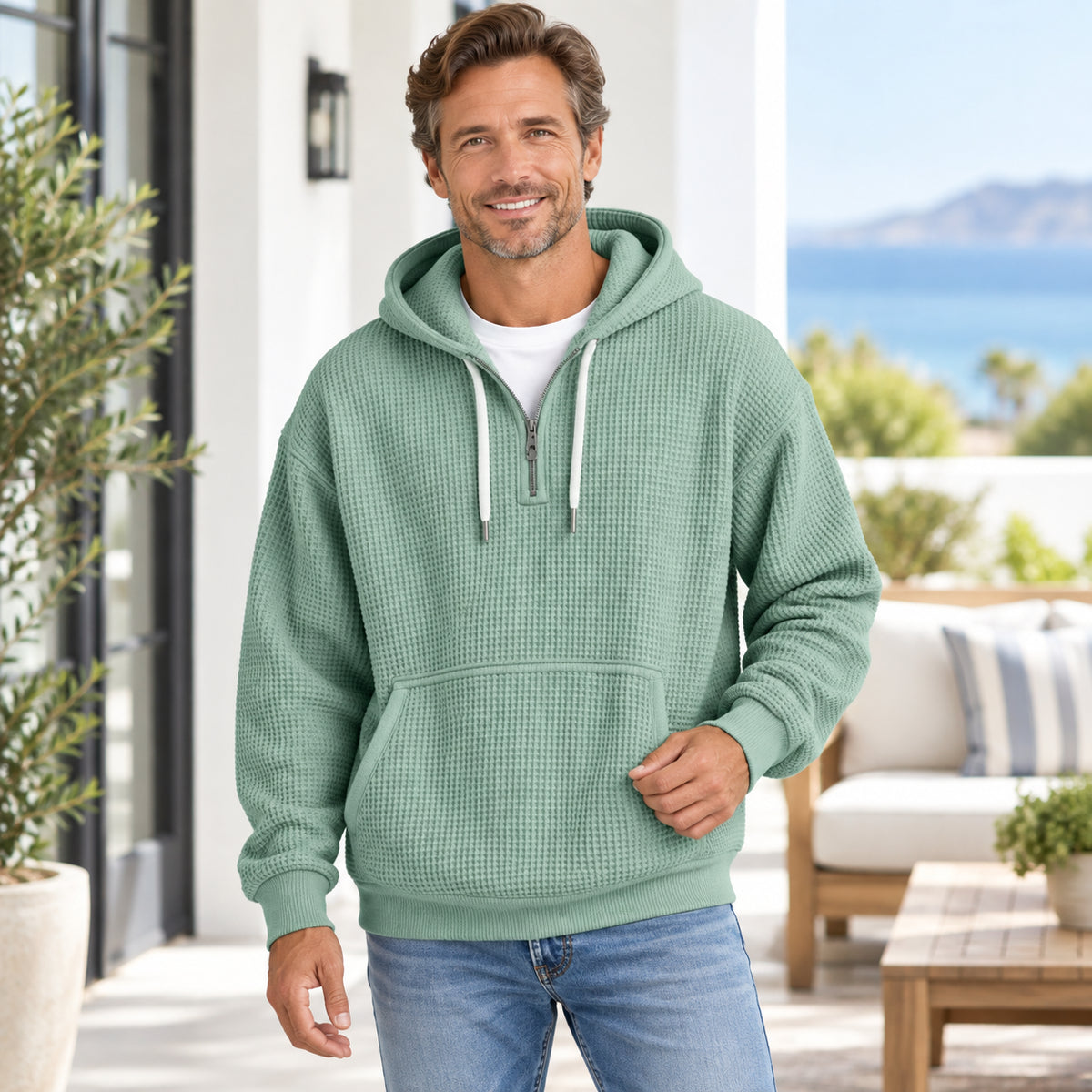 Men’s Oversized Waffle-Knit Half-Zip Hoodie with Kangaroo Pocket