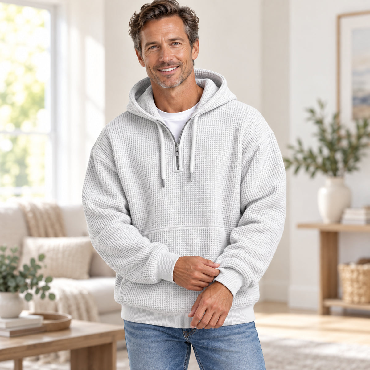 Men’s Oversized Waffle-Knit Half-Zip Hoodie with Kangaroo Pocket
