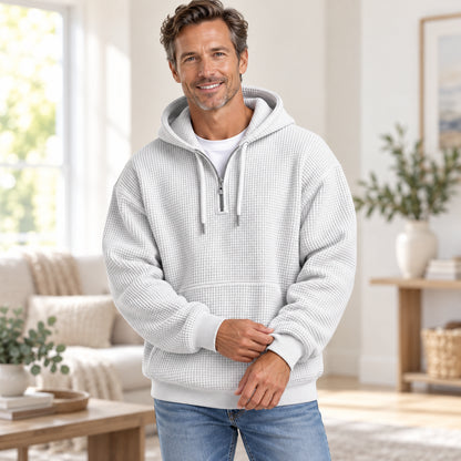 Men’s Oversized Waffle-Knit Half-Zip Hoodie with Kangaroo Pocket