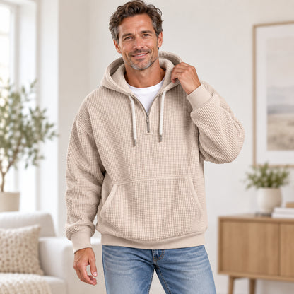 Men’s Oversized Waffle-Knit Half-Zip Hoodie with Kangaroo Pocket