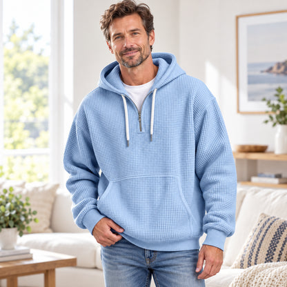 Men’s Oversized Waffle-Knit Half-Zip Hoodie with Kangaroo Pocket