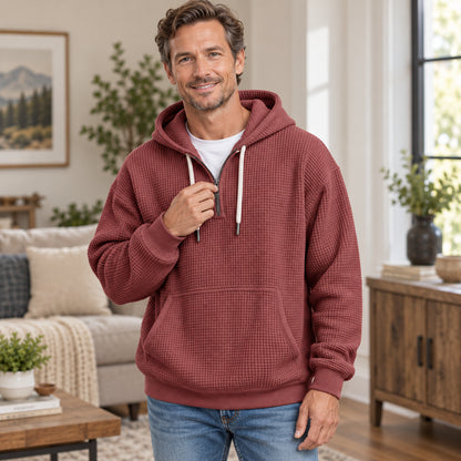 Men’s Oversized Waffle-Knit Half-Zip Hoodie with Kangaroo Pocket